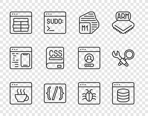 Set line Software, Server, Data, Web Hosting, Processor, Programming language 库存插图