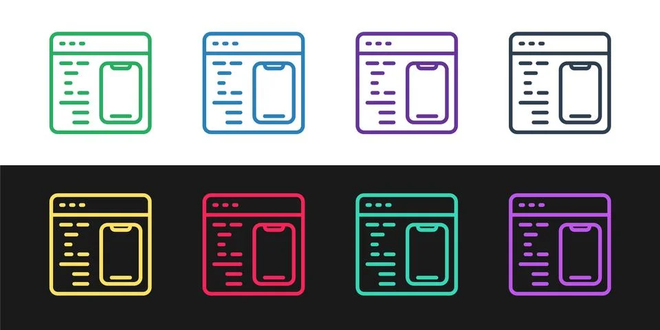 Set line Software, web developer programming code icon isolated on black and Illustrazione stock