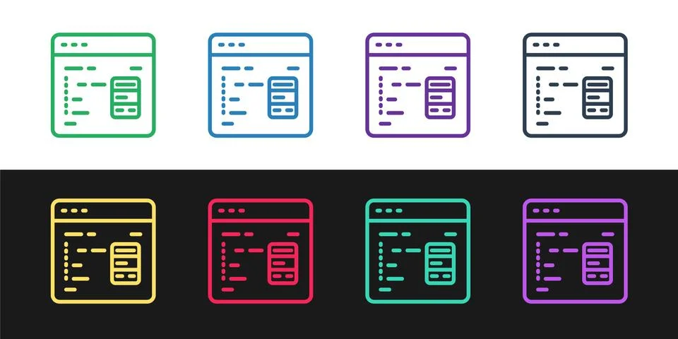 Set line Software, web developer programming code icon isolated on black and Stock Illustration