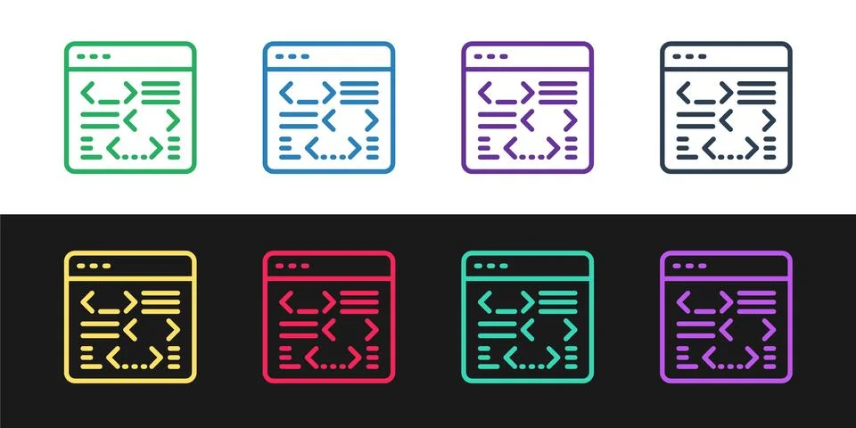 Set line Software, web developer programming code icon isolated on black and Illustrazione stock