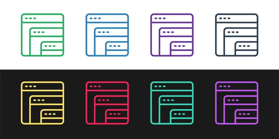 Set line Software, web developer programming code icon isolated on black and Illustrazione stock