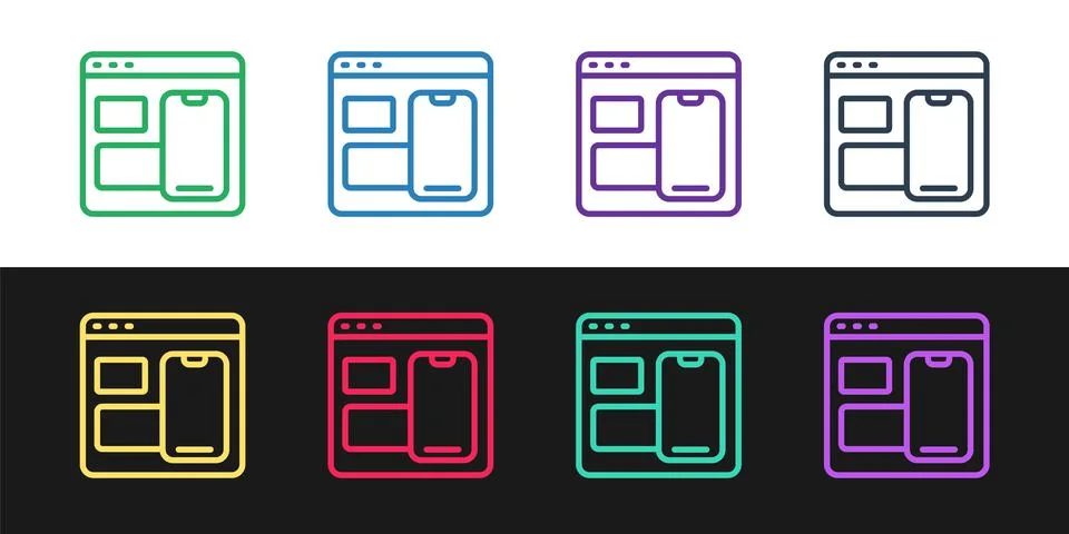 Set line Software, web developer programming code icon isolated on black and Illustrazione stock