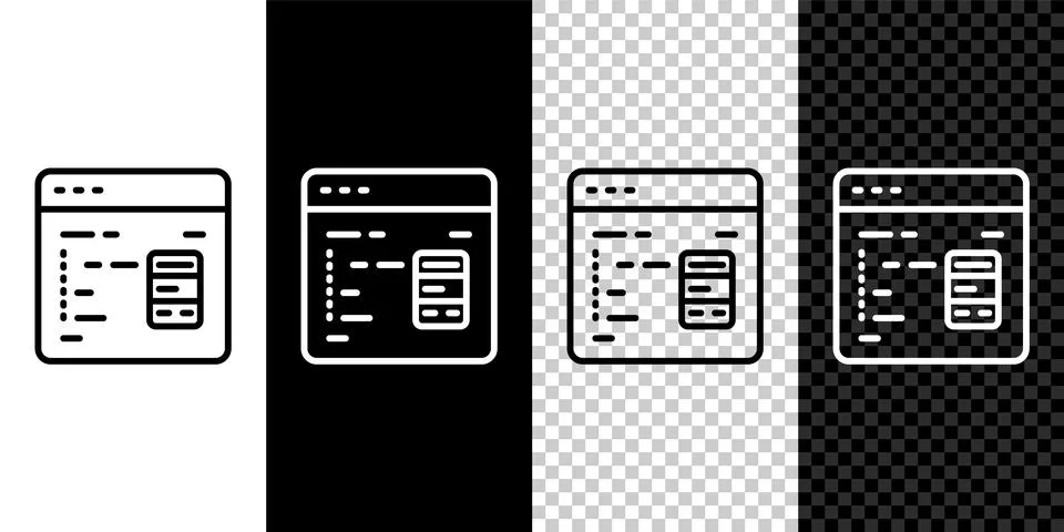 Set line Software, web developer programming code icon isolated on black and Stock Illustration