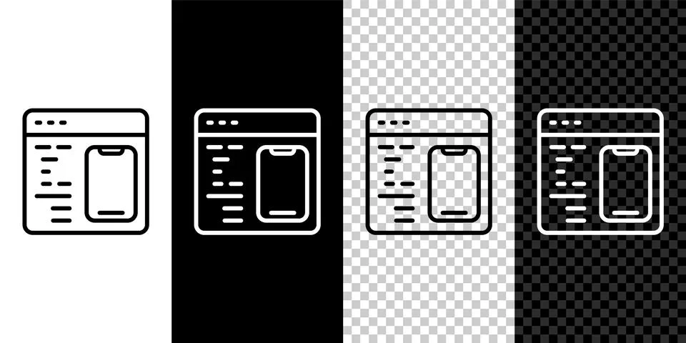 Set line Software, web developer programming code icon isolated on black and Illustrazione stock
