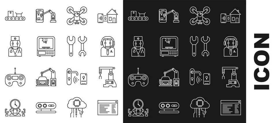 Set line Software, web developer programming code, Assembly line, Worker robot 스톡 일러스트