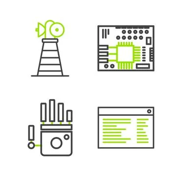 Set line Software, web developer programming code, Mechanical robot hand, P.. Stock Illustration