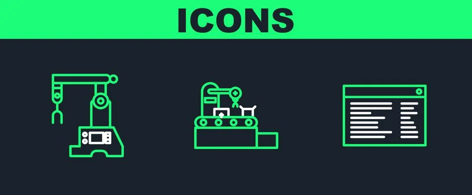 Set line Software, web developer programming code, Assembly line and Factor.. Stockillustratie