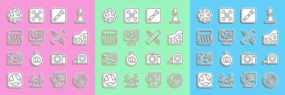 Set line Soil analysis, Roulette construction, Ground, Paint brush, Gear wheels Stock Illustration