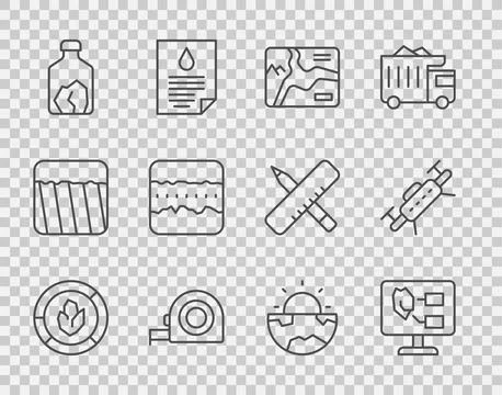 Set line Soil analysis, Topographic map, Roulette construction, Ore mining,.. Stock Illustration