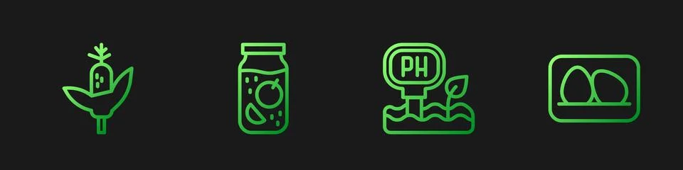 Set line Soil ph testing, Corn, Jam jar and Chicken egg. Gradient color ico.. Stock Illustration