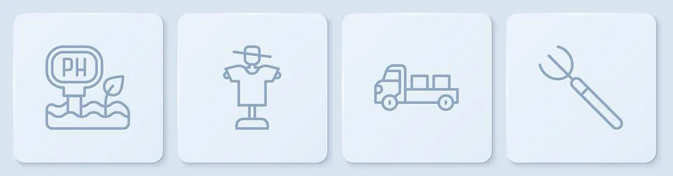Set line Soil ph testing, Pickup truck, Scarecrow and Garden pitchfork. Whi.. Stock Illustration