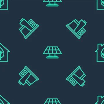 Set line Solar energy panel, Factory and Eco friendly house on seamless pattern 스톡 일러스트