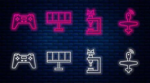 Set line Solar energy panel, Microscope, Gamepad and UAV Drone. Glowing neon イラスト素材