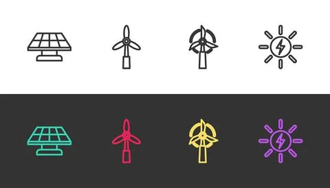 Set line Solar energy panel, Wind turbine, and on black and white. Vector Stock Illustration