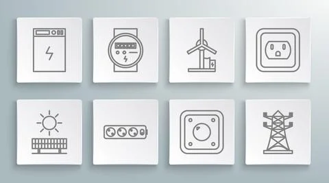 Set line Solar energy panel and sun, Electric meter, extension cord, light Stock Illustration