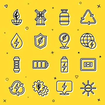 Set line Solar energy panel, Electrical outlet, Global power planet, Propane gas Stock Illustration