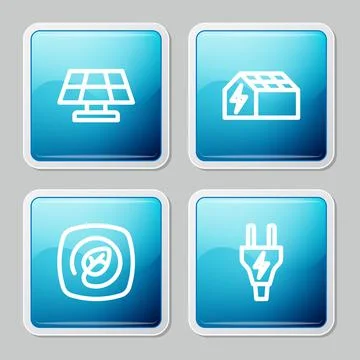 Set line Solar energy panel, , Location with leaf and Electric plug icon. Vector 스톡 일러스트