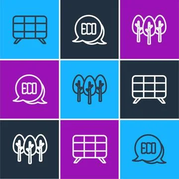 Set line Solar energy panel, Tree and Leaf Eco symbol icon. Vector Stock Illustration