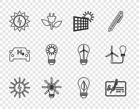 Set line Solar energy panel, Signed document, and sun, Light bulb with gear 스톡 일러스트