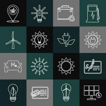 Set line Solar energy panel, Signed document, Car battery with recycle, Wind Stock Illustration