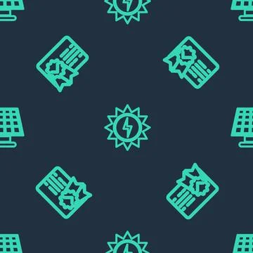 Set line Solar energy panel, Certificate template and on seamless pattern 스톡 일러스트