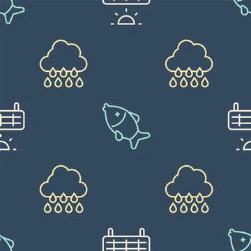Set line Solar energy panel, Cloud with rain and Dead fish on seamless pattern イラスト素材