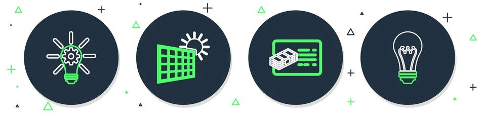 Set line Solar energy panel and sun, Financial document, Light bulb with gear 스톡 일러스트