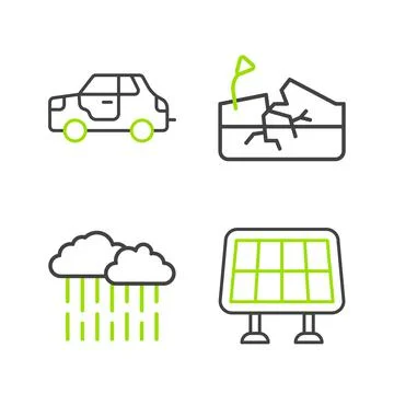 Set line Solar energy panel, Cloud with rain, Earthquake and Car icon. Vector Illustrazione stock