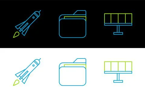 Set line Solar energy panel, Rocket ship with fire and Document folder icon.  스톡 일러스트