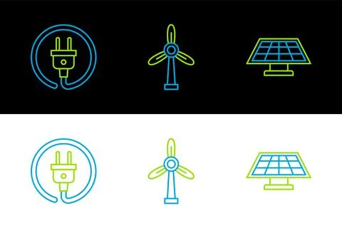 Set line Solar energy panel, Electric plug and Wind turbine icon. Vector イラスト素材
