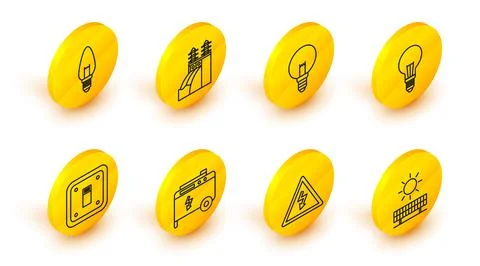 Set line Solar energy panel and sun, High voltage sign, Portable power electric Ilustração Stock