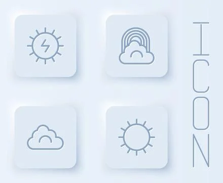 Set line Solar energy panel, Rainbow with cloud, Cloud and Sun. White square Stock Illustration