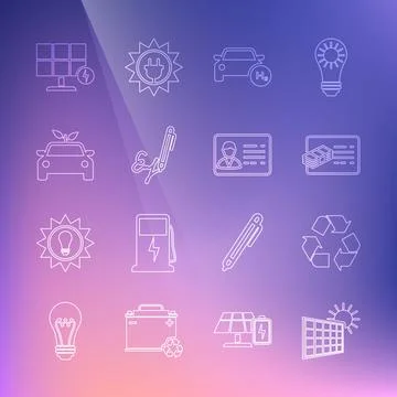 Set line Solar energy panel and sun, Recycle symbol, Financial document 스톡 일러스트