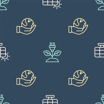 Set line Solar energy panel, Hand holding Earth globe and Electric saving plug Stock Illustration