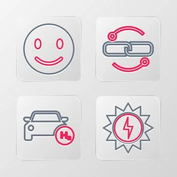 Set line Solar energy panel, Hydrogen car, Chain link line and Smile face icon Stock Illustration