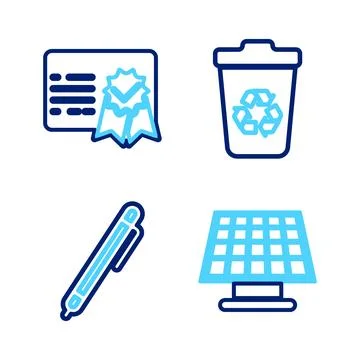 Set line Solar energy panel, Pen, Recycle bin with recycle and Certificate 库存插图