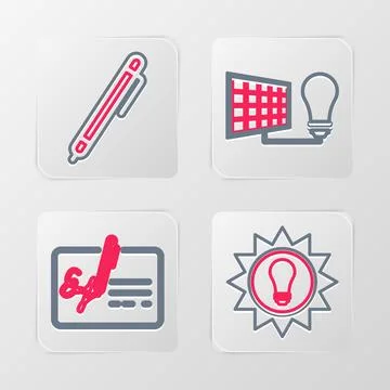 Set line Solar energy panel, Signed document, and light bulb and Pen icon. .. Stock Illustration