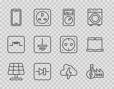 Set line Solar energy panel, Nuclear power plant, Ampere meter, multimeter,.. Ilustração Stock