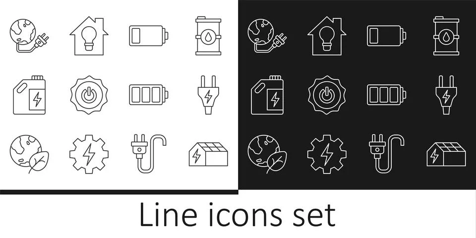 Set line Solar energy panel, Electric plug, Battery, Power button, Eco fuel.. Stock Illustration