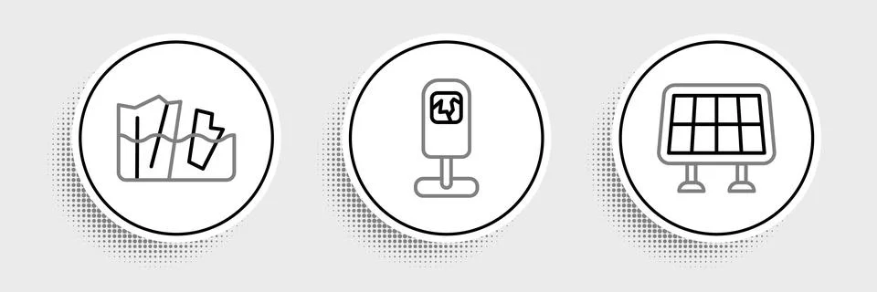 Set line Solar energy panel, Glacier melting and Trash can icon. Vector Illustrazione stock