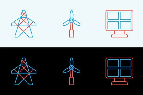 Set line Solar energy panel, Electric tower and Wind turbine icon. Vector Stock Illustration