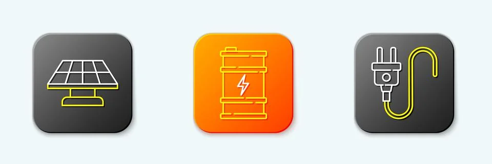 Set line Solar energy panel, Bio fuel barrel and Electric plug icon. Vector Stock Illustration