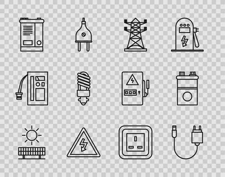 Set line Solar energy panel and sun, Charger, High voltage power pole line,.. Stock Illustration