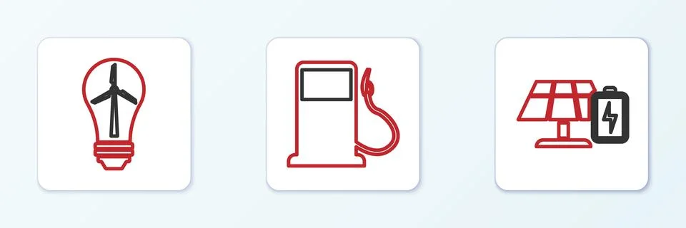 Set line Solar energy panel and battery, Light bulb with wind turbine and P.. Stock Illustration