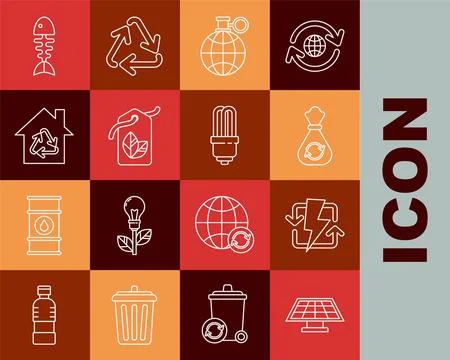 Set line Solar energy panel, Recharging, Garbage bag with recycle, Planet e.. Stock Illustration