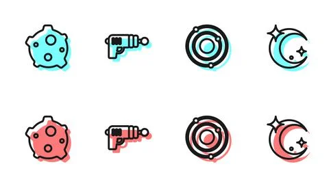 Set line Solar system, Asteroid, Ray gun and Moon and stars icon. Vector Illustrazione stock