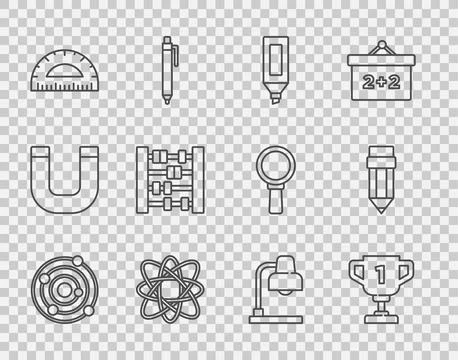 Set line Solar system, Award cup, Marker pen, Atom, Protractor, Abacus, Tab.. Stock Illustration
