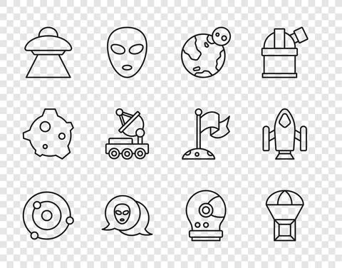 Set line Solar system, Box flying on parachute, Earth globe, Alien, UFO Stock-Illustration