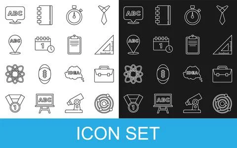 Set line Solar system, Briefcase, Triangular ruler, Stopwatch, Calendar first Illustrazione stock