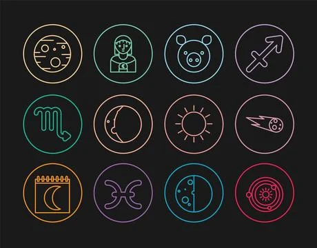 Set line Solar system, Comet falling down fast, Pig zodiac, Eclipse of the .. Stock Illustration